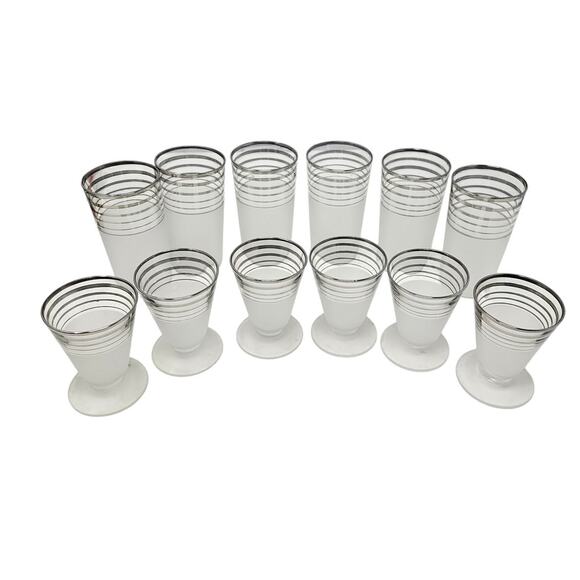 Vintage Mid Century 12 West Virginia Frost Nip Platinum Band Glassware Bar - Picture 1 of 5